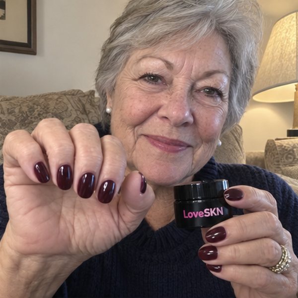 Customer showing burgundy wine press-on nails and the LoveSKN jar