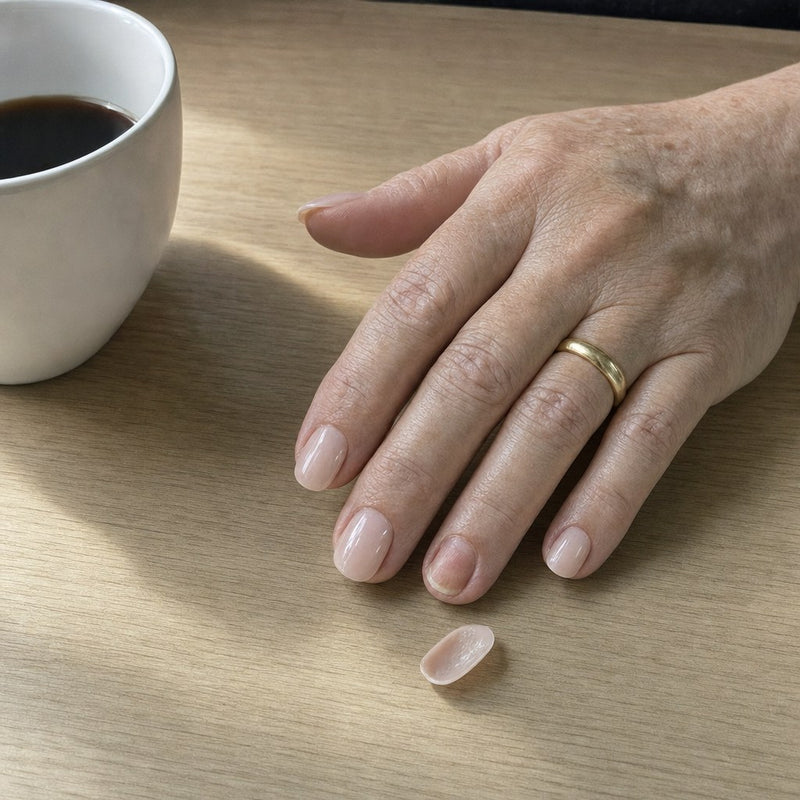 A press-on nail that popped off, lying on the kitchen table next to the hand