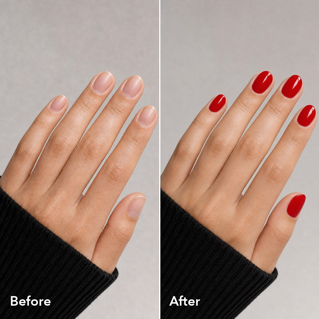 Before and after: bare nails, then Classic Red drawn on with the Nail Pen