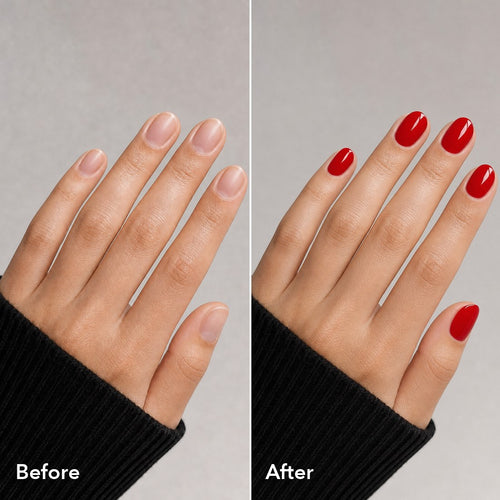 Before and after: bare nails, then Classic Red drawn on with the Nail Pen