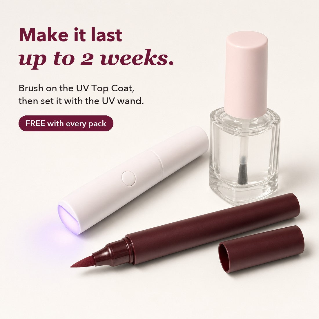 The Long-Lasting Kit: UV wand and UV Top Coat with the LoveSKN Nail Pen, free with every pack