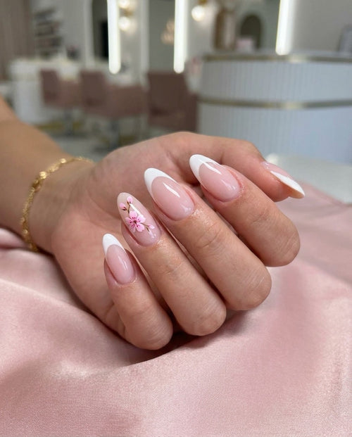 Almond French press-on nails with cherry blossom accent