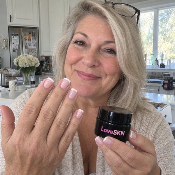 Customer showing her short milky nude press-on nails and the LoveSKN jar