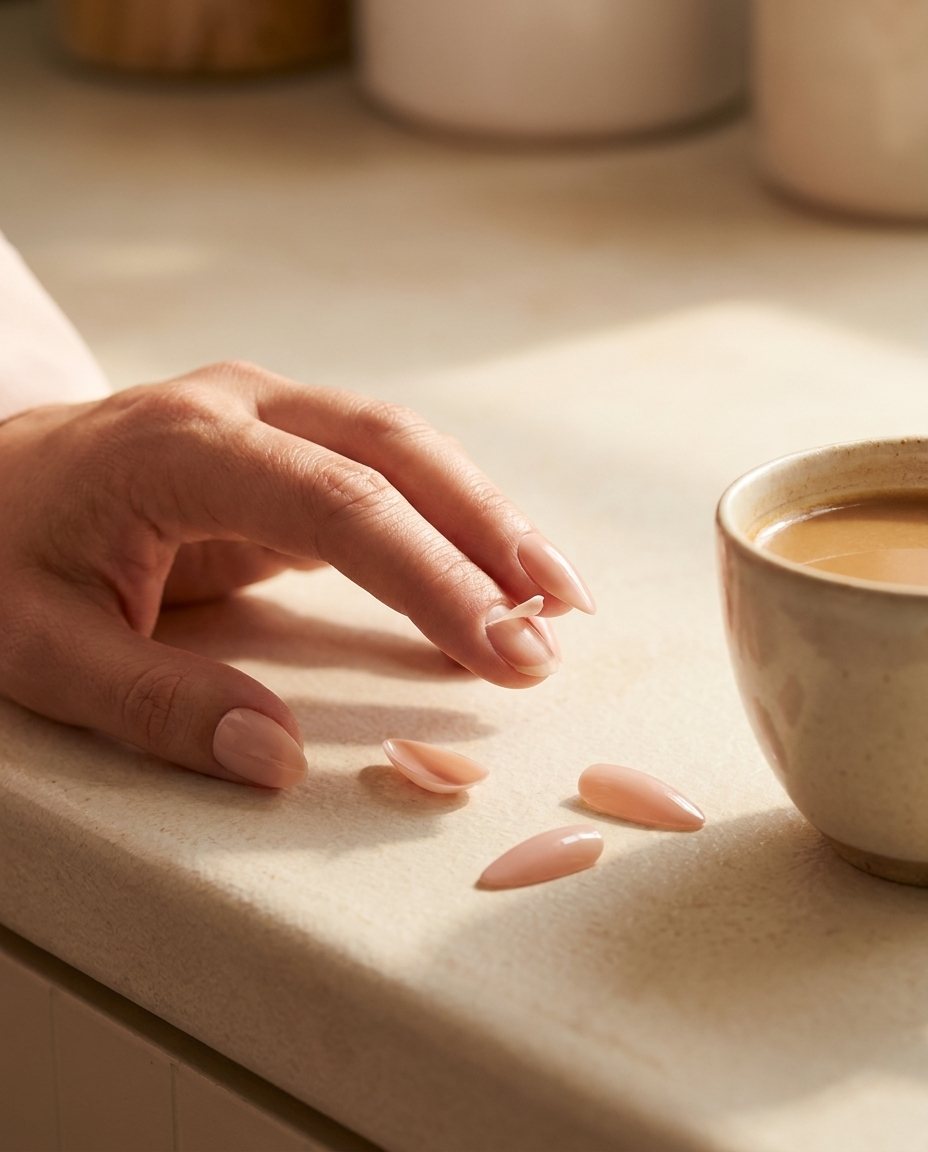 Ordinary press-on nails lifted and fallen off within a day, sitting on a kitchen counter